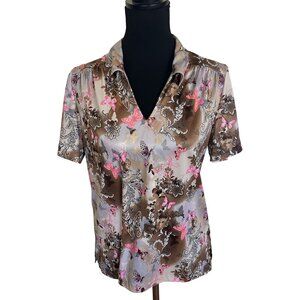 Vtg Sara Morgan Womens Top Butterfly Print Blouse Medium Brown Pink 80s